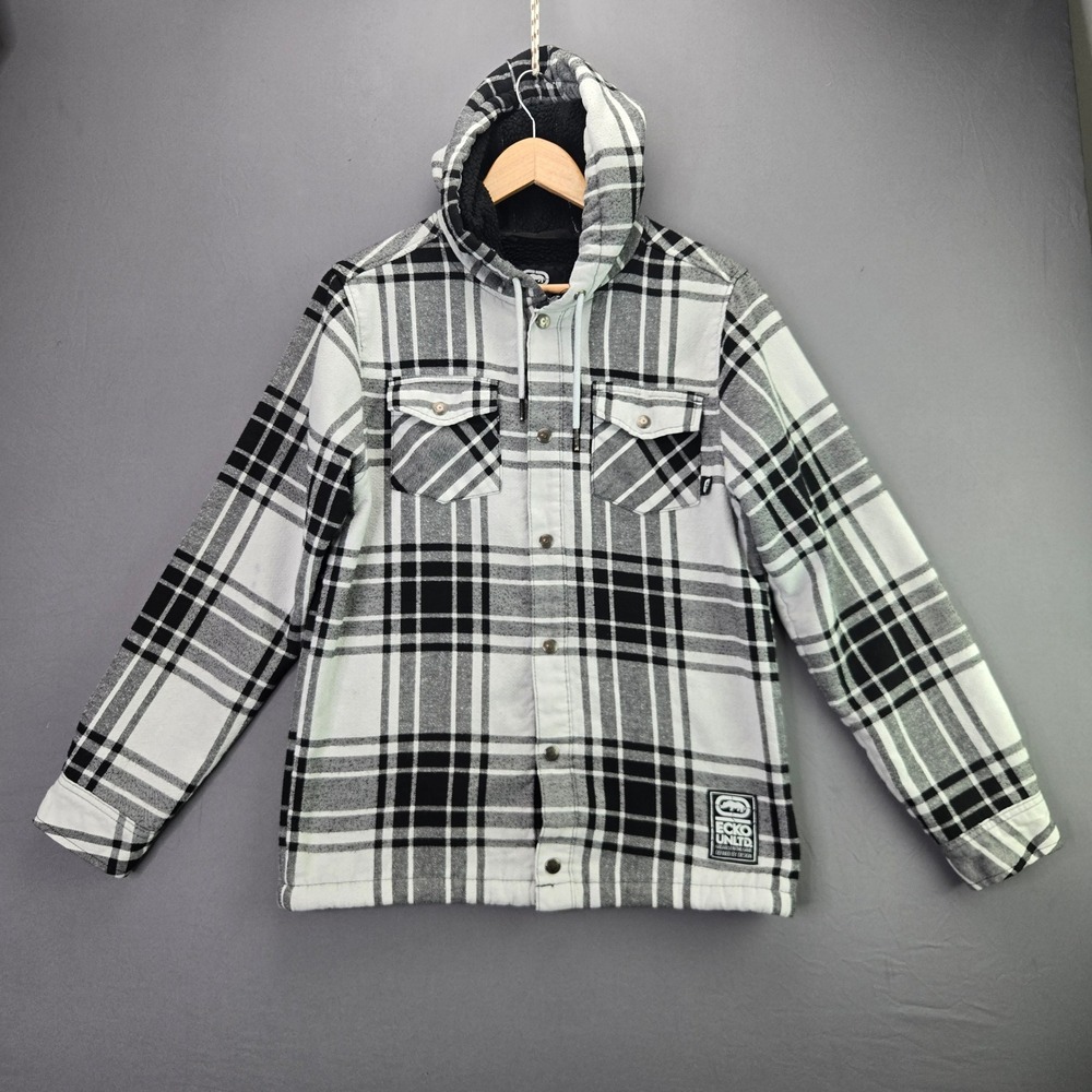 Ecko Unltd Flannel Shirt Jacket Hooded Sherpa Lined S White Black Plaid Rhino